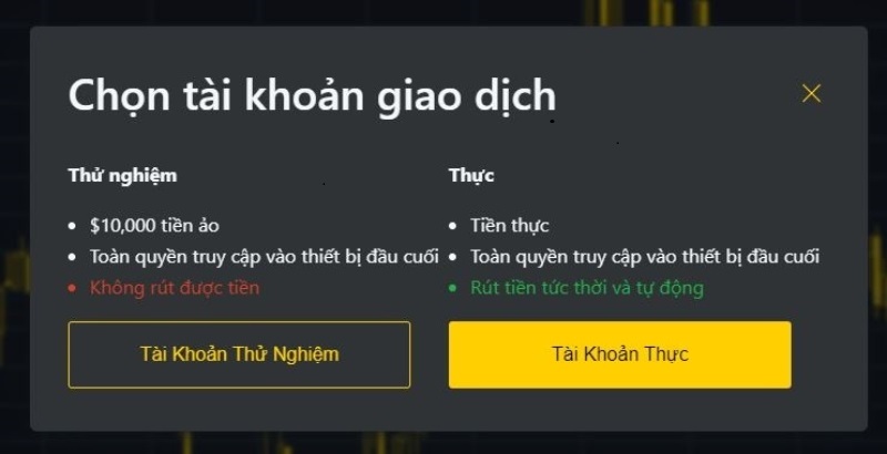 Chọn tài khoản giao dịch