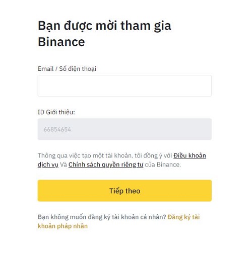 Điền thông tin đăng ký binance